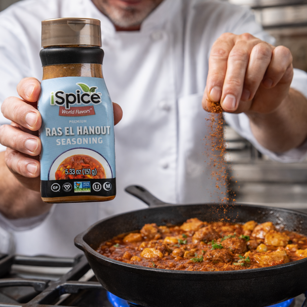 Person holding a bottle of iSpice Ras El Hanout seasoning above a pan of food.