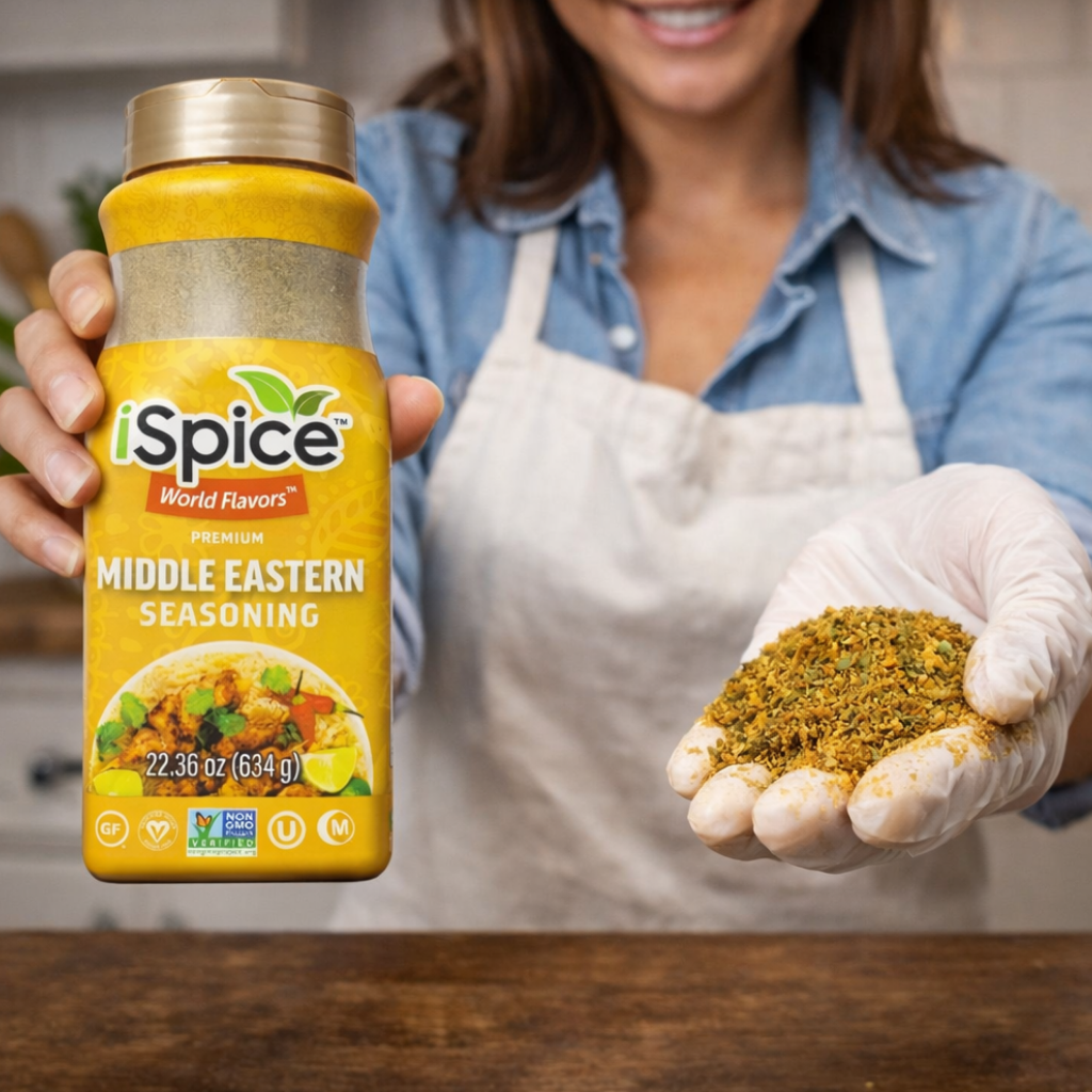Person holding a jar of Spice World Flavors Middle Eastern seasoning