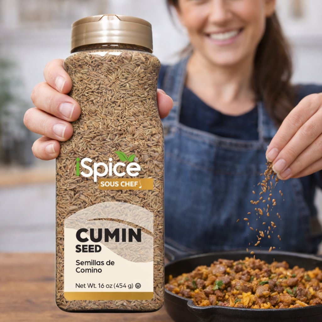 Person holding a spice jar labeled 'Sous Chef' with cumin seeds, preparing food.