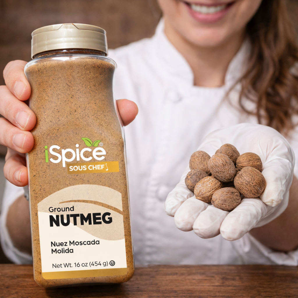 Person holding a jar of iSpice Ground Nutmeg with a small pile of nutmegs.