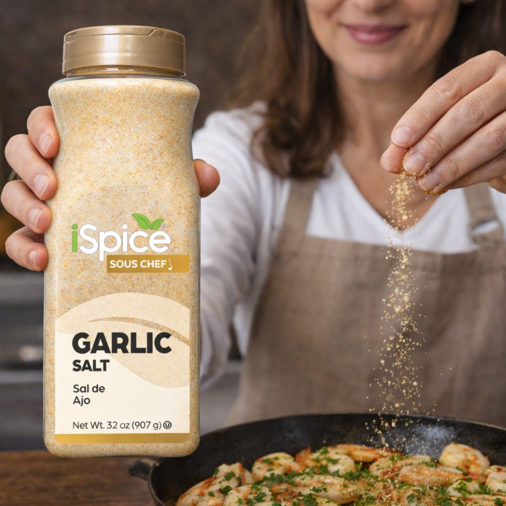 Person seasoning food with iSpice Garlic Salt in a kitchen setting