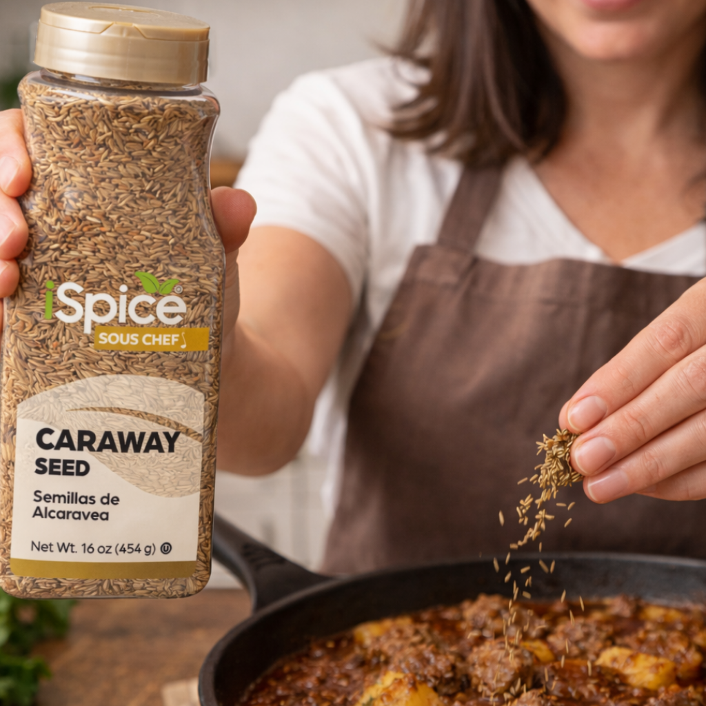 Person seasoning food with caraway seed from a 'iSpice' container.