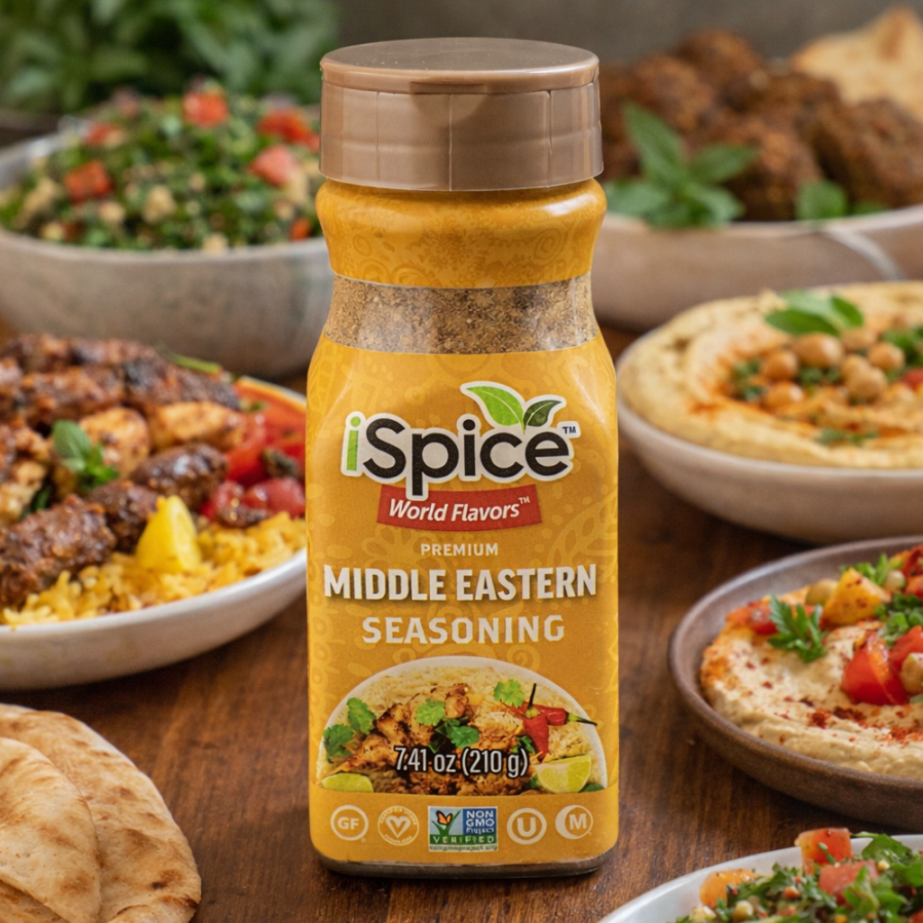 iSpice Middle Eastern seasoning bottle with various dishes in the background