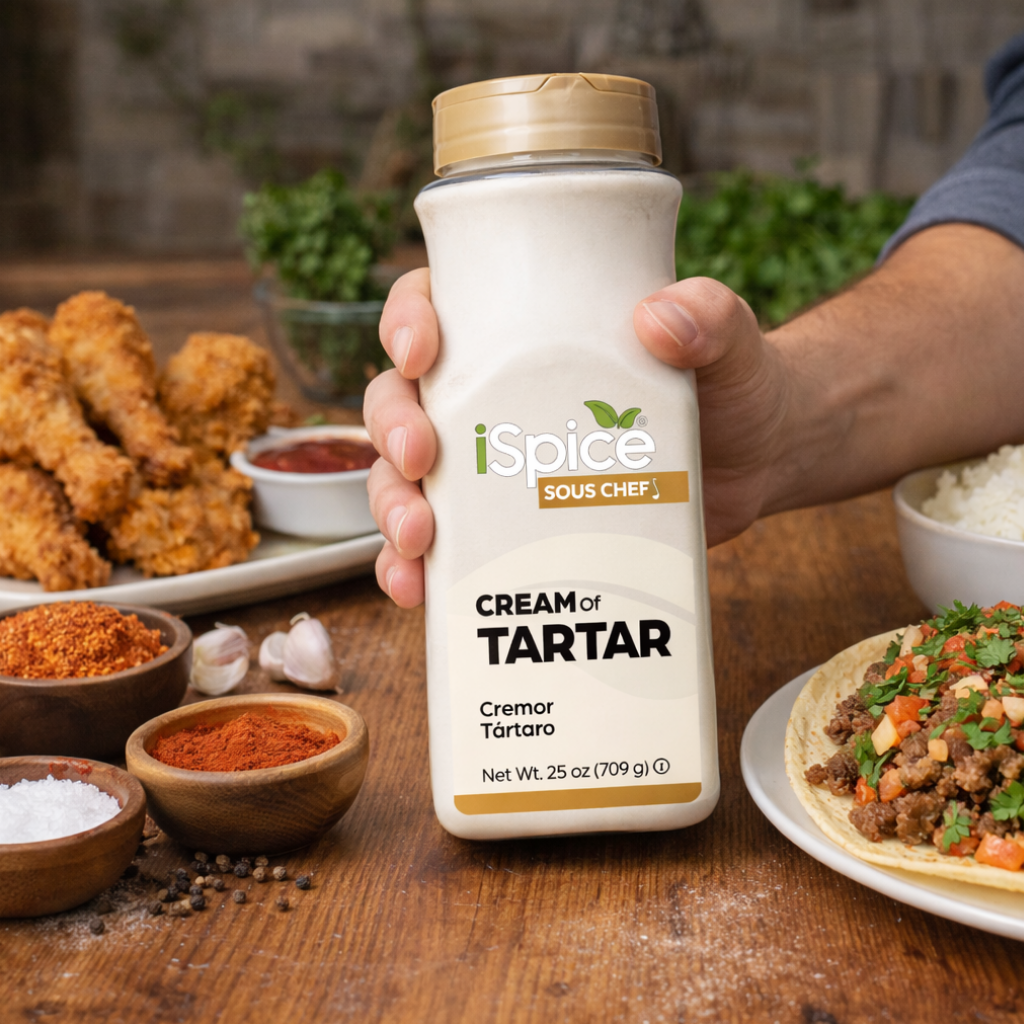Hand holding a bottle of 'iSpice Sous Chef' Cream of Tartar with food in the background