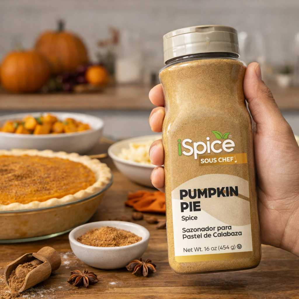 Hand holding a bottle of 'iSpice Sous Chef Pumpkin Pie Spice' with a pumpkin pie and autumn ingredients in the background.