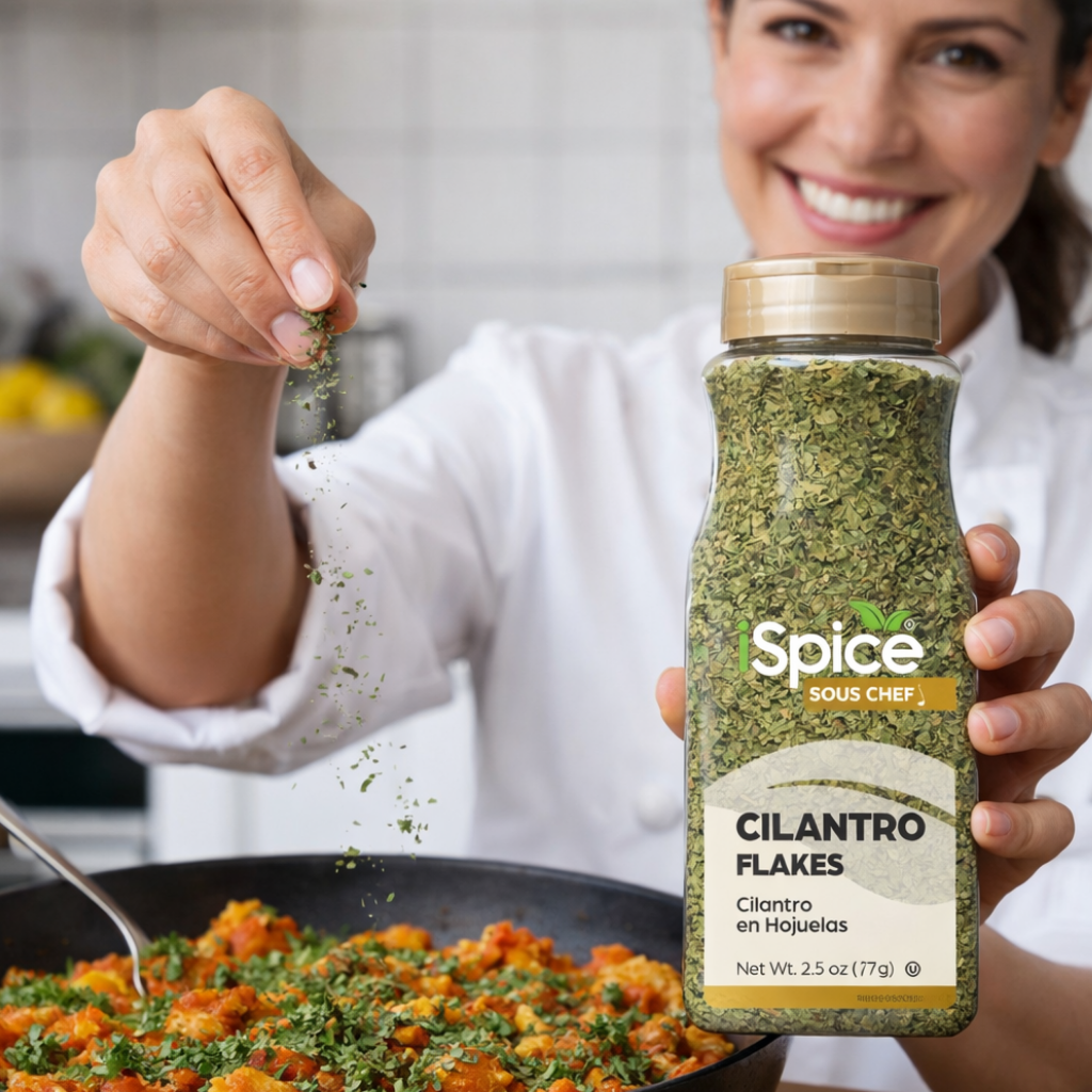Person sprinkling cilantro flakes from a bottle labeled 'Spice' into a dish.