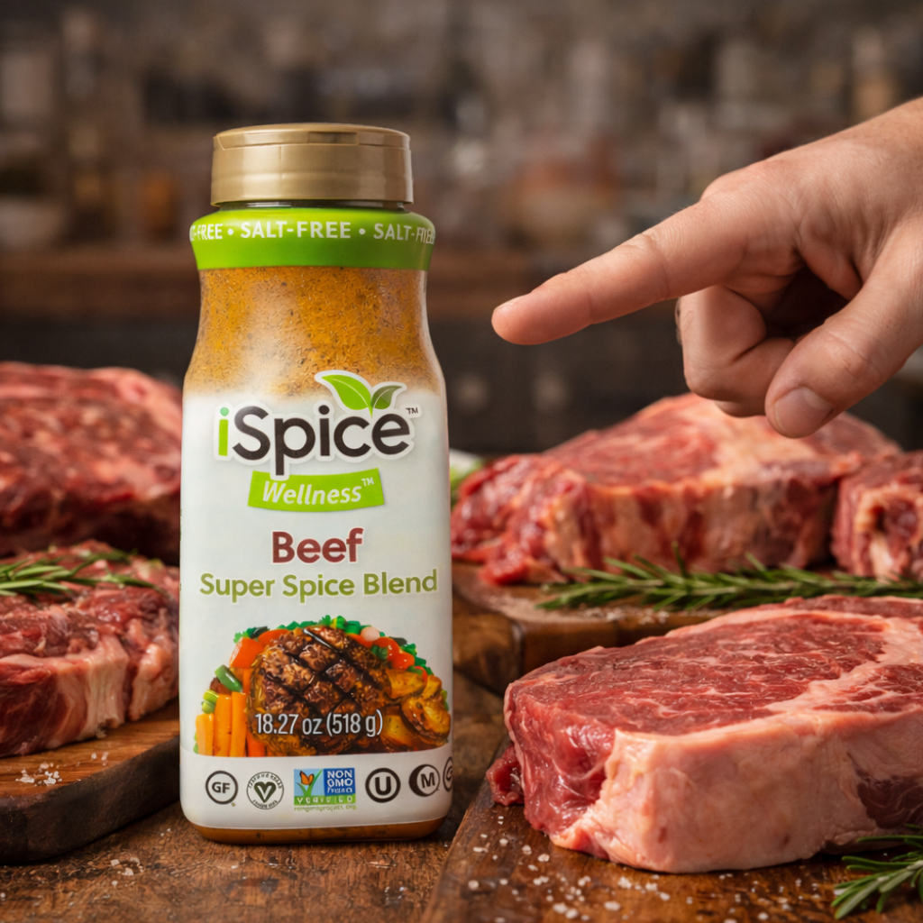 iSpice Wellness Beef Super Spice Blend bottle with a hand pointing to it, surrounded by raw beef on a wooden surface.
