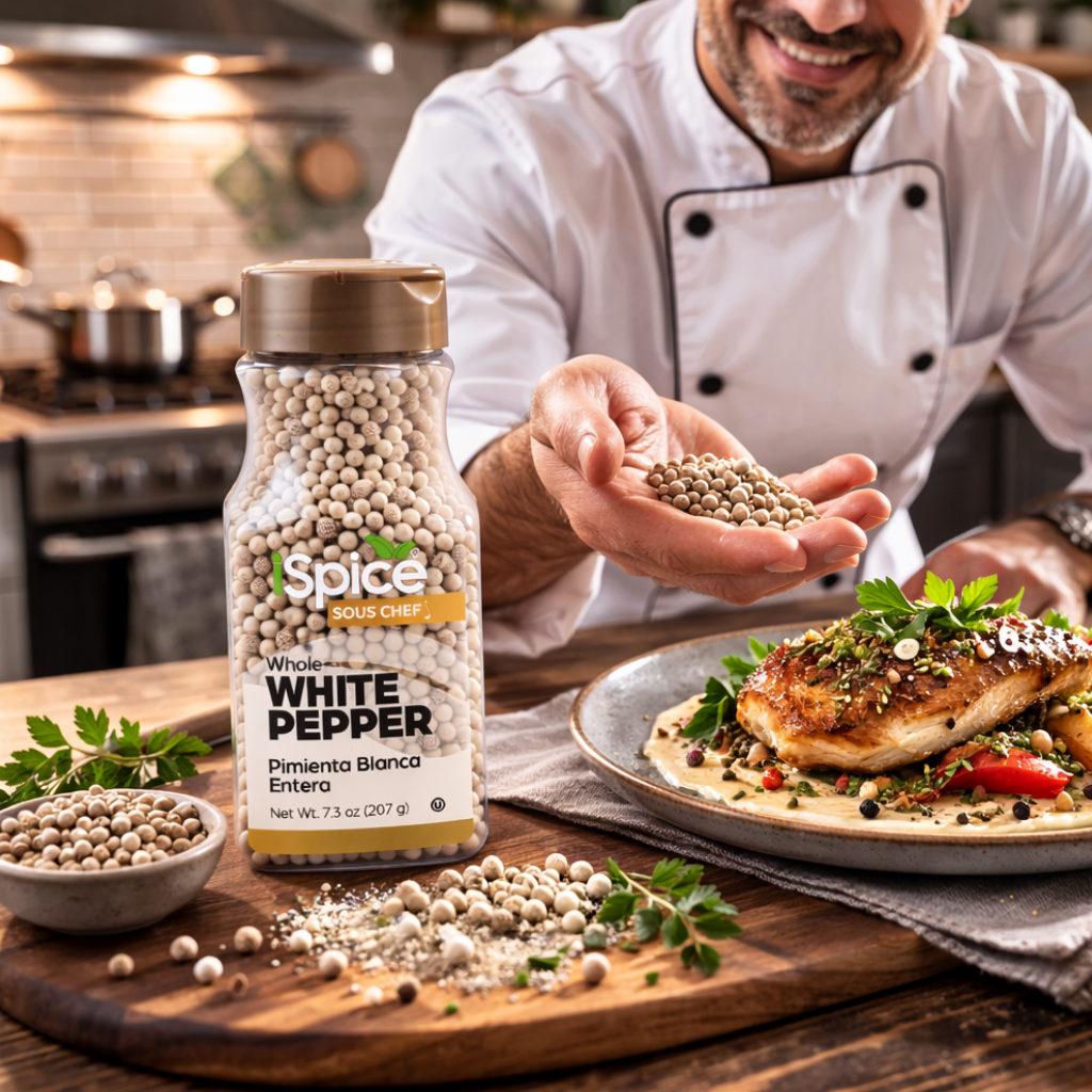 Chef holding white pepper in a kitchen setting with a 'Spice' product in the foreground.