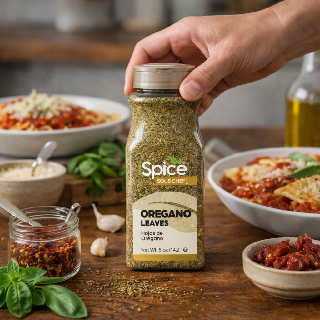 Spice bottle labeled 'Oregano Leaves' held by a hand on a wooden table with food in the background