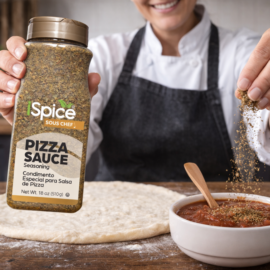 Person seasoning pizza sauce with iSpice Sous Chef Pizza Sauce Seasoning