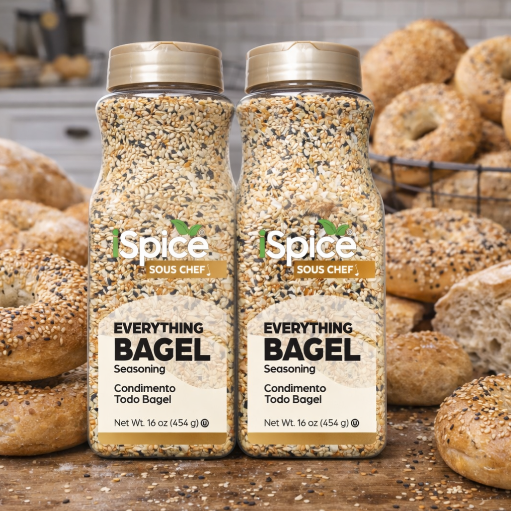 Two bottles of Spice Sous Chef Everything Bagel seasoning with bagels in the background.
