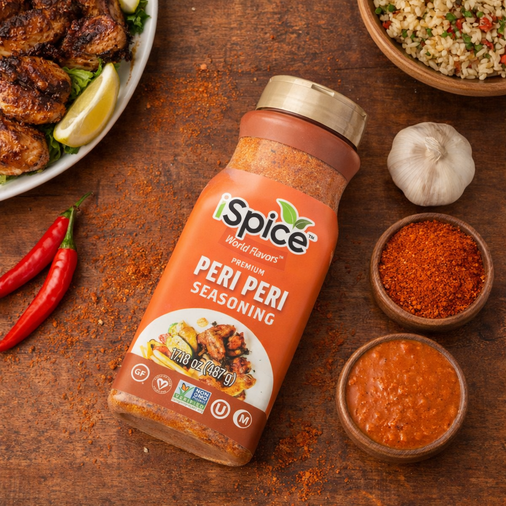Spice World Peri Peri seasoning bottle on a wooden surface with ingredients and food.