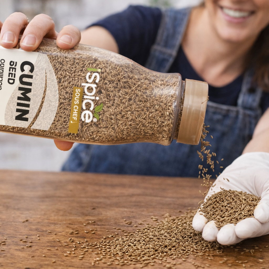 Person holding a spice jar labeled 'Cumin' with spilled cumin seeds on a wooden surface.