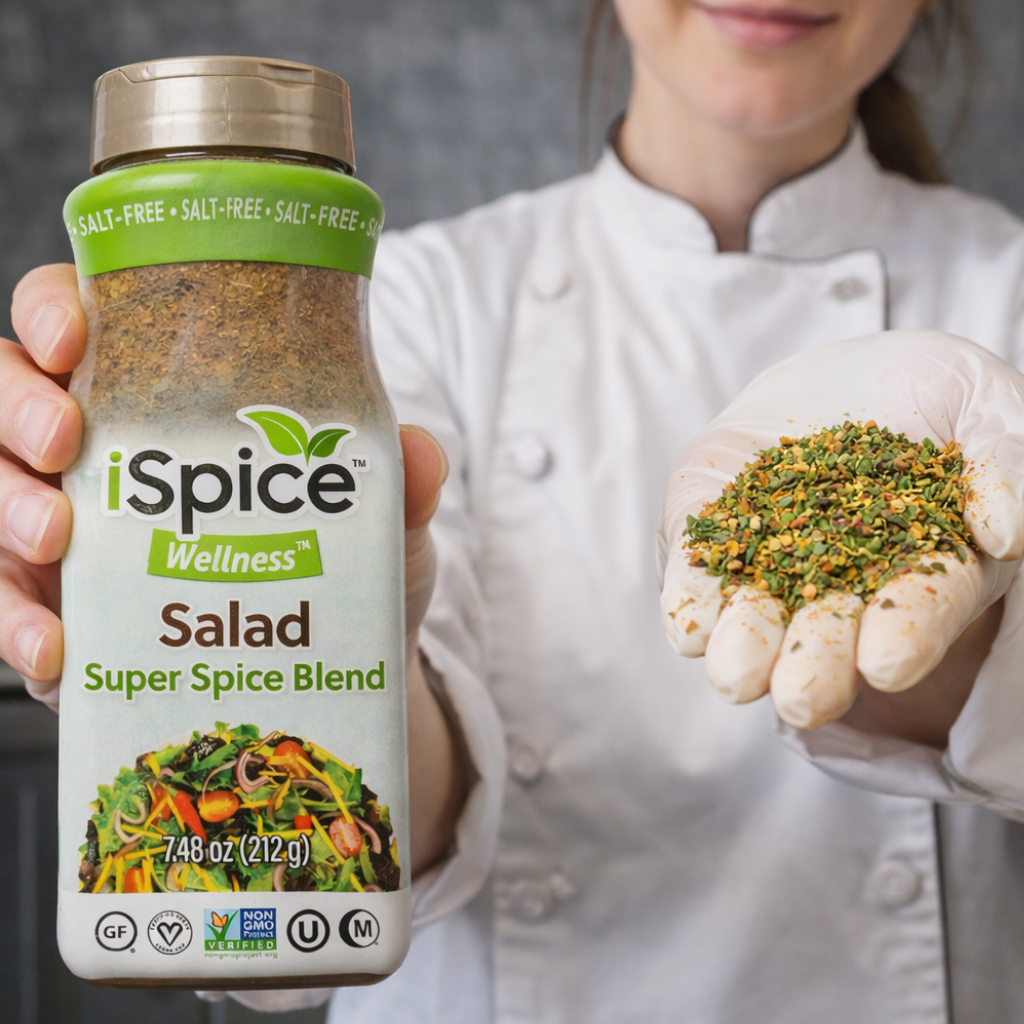 Person holding a bottle of iSpice Salad Super Spice Blend and a handful of spices.