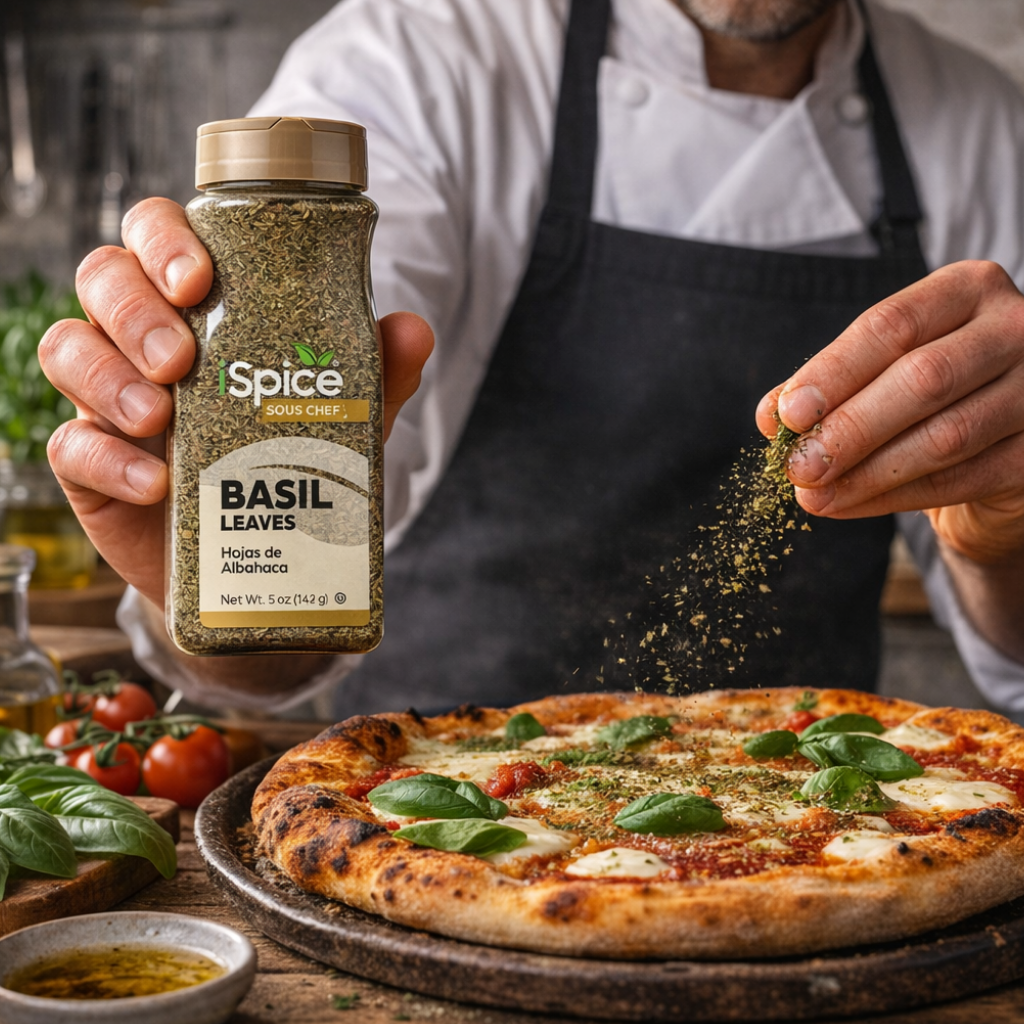 Person sprinkling basil leaves from a Spice Chef bottle onto a pizza