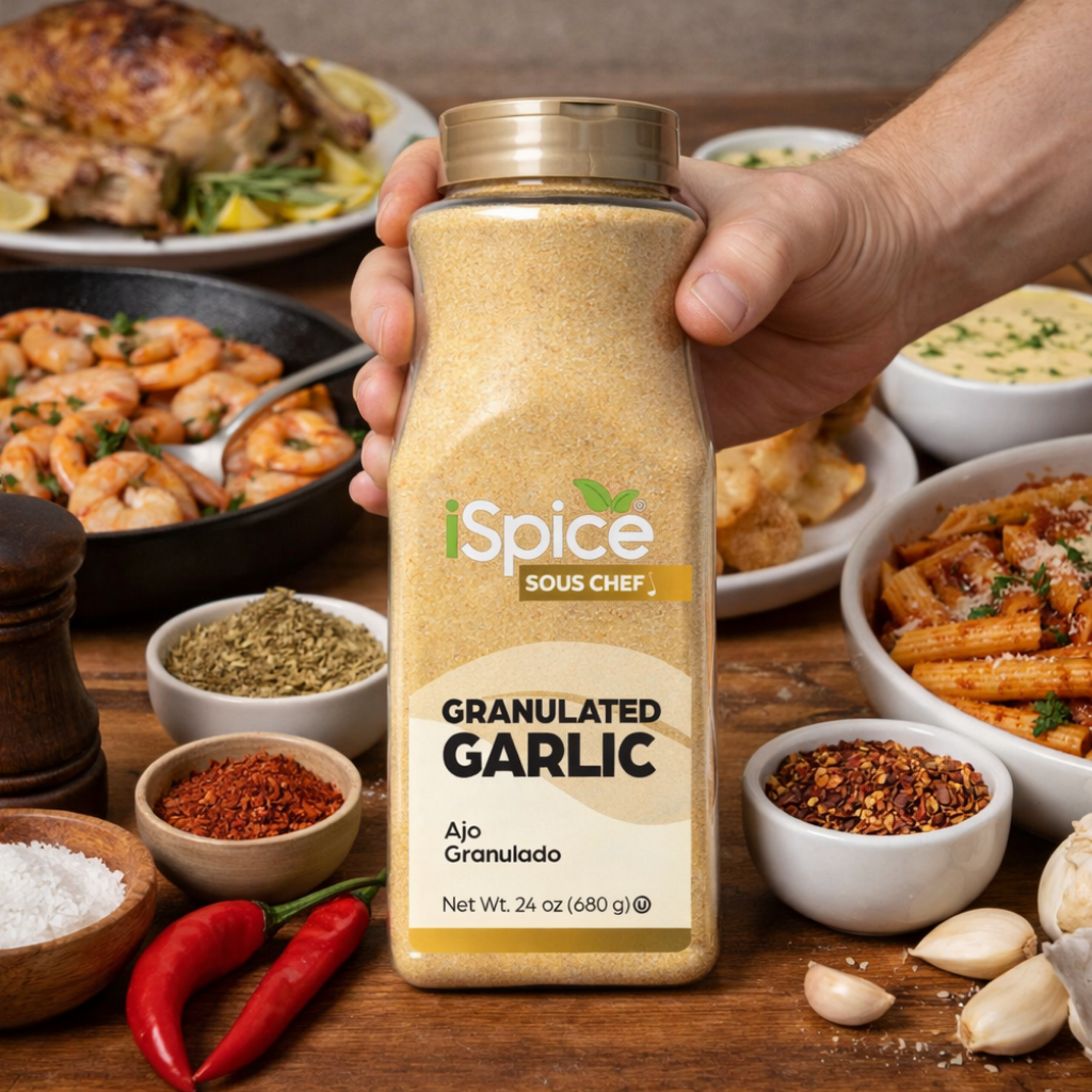 Hand holding a bottle of iSpice Sous Chef granulated garlic with a background of various dishes and spices.