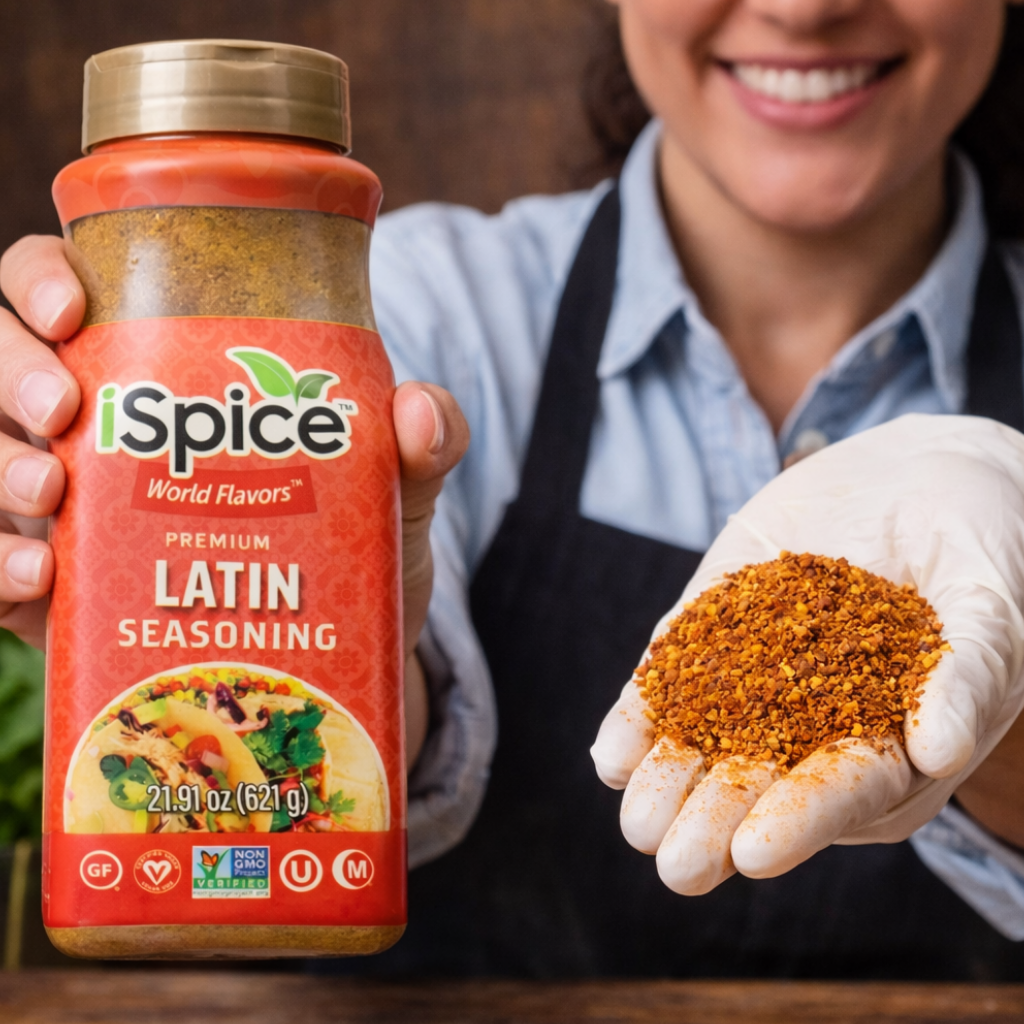 Person holding a container of iSpice Latin seasoning and showing some on their palm.