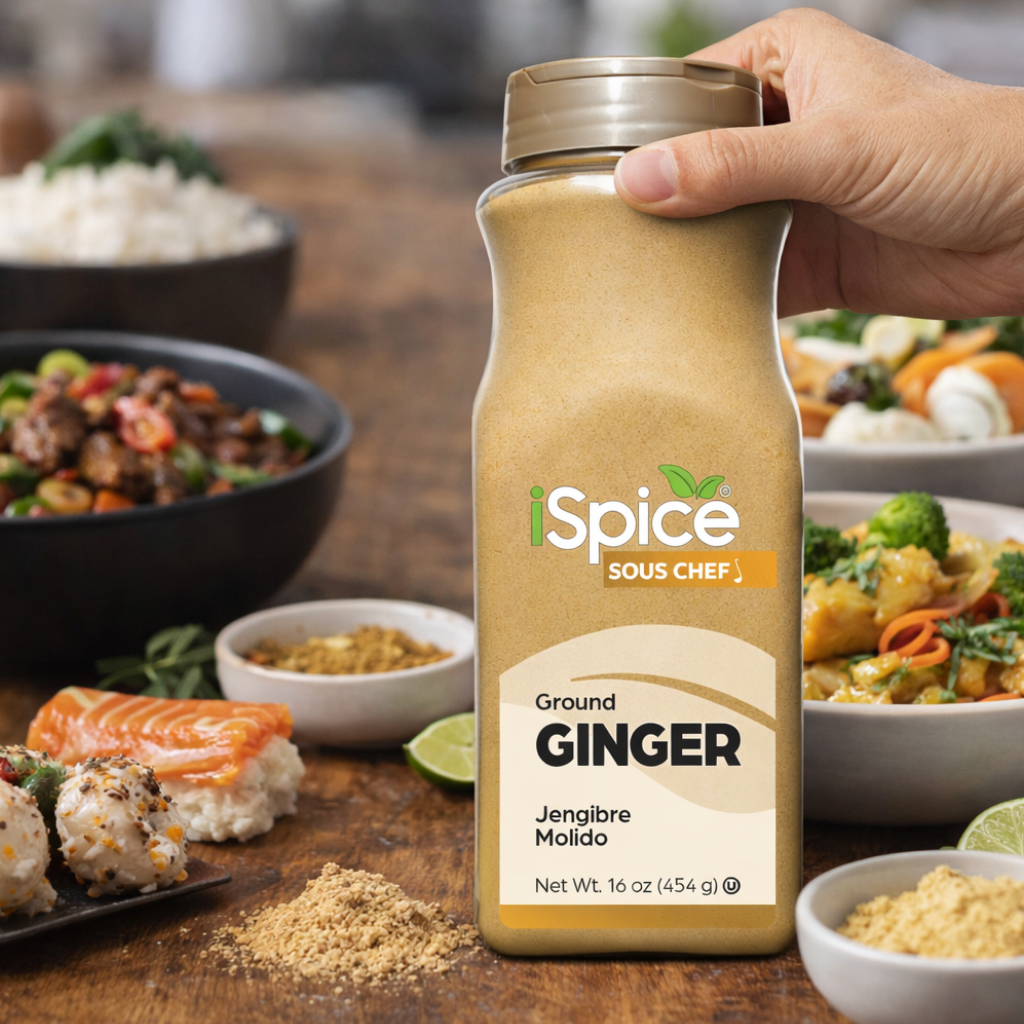 Bottle of 'iSpice Sous Chef' ground ginger held by a hand with food in the background