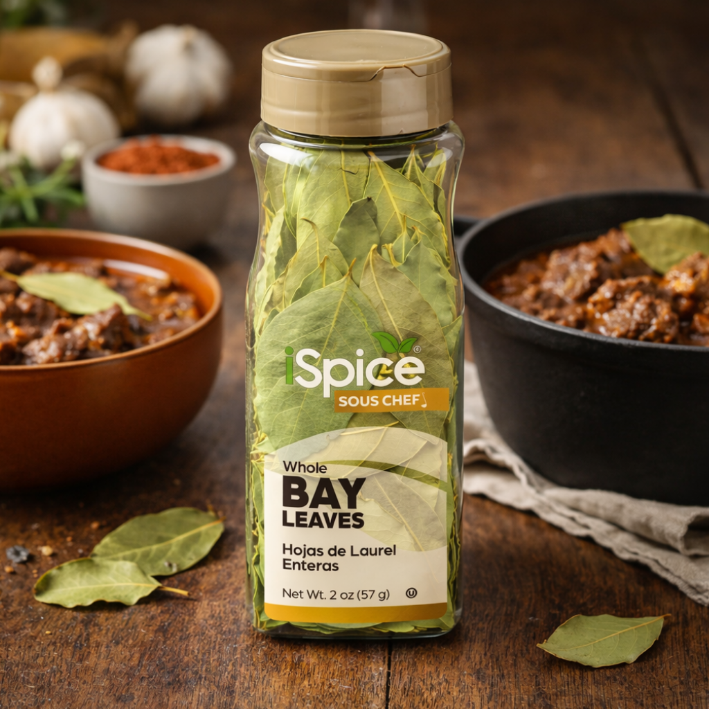 Spice bottle labeled 'Whole Bay Leaves' on a wooden surface with cooking ingredients in the background