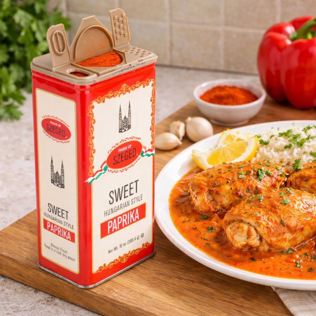 Szeget Sweet Hungarian Style Paprika can with a dish of paprika-flavored chicken on a wooden board.
