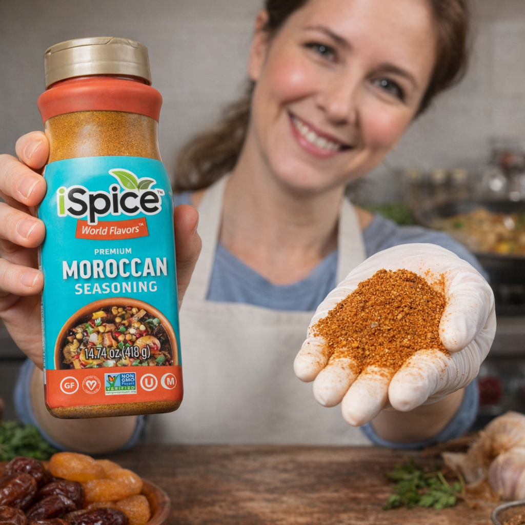 Top view iSpice Moroccan seasoning bulk spice blend with colorful spices and food