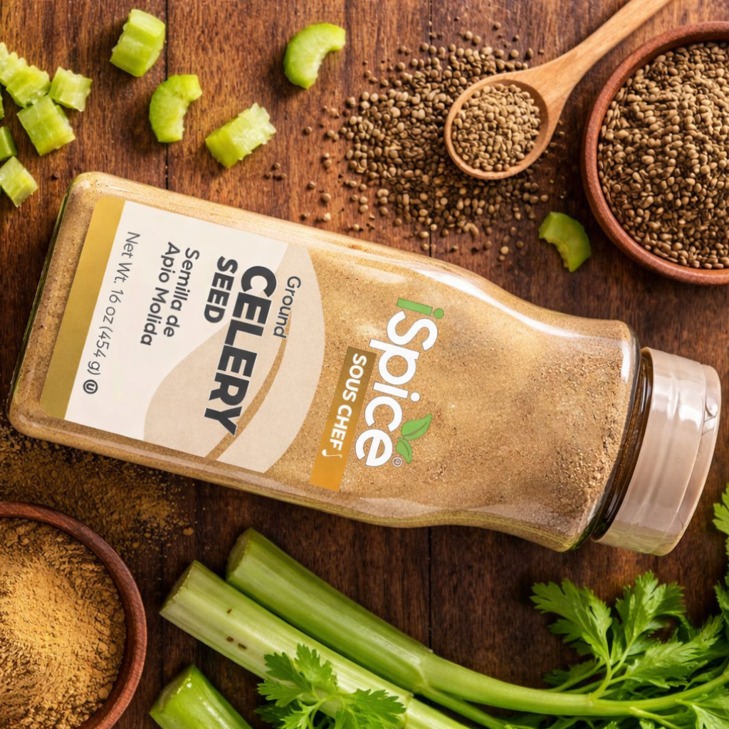 Spice bottle labeled 'Celery Seed' on a wooden surface with celery and spices.