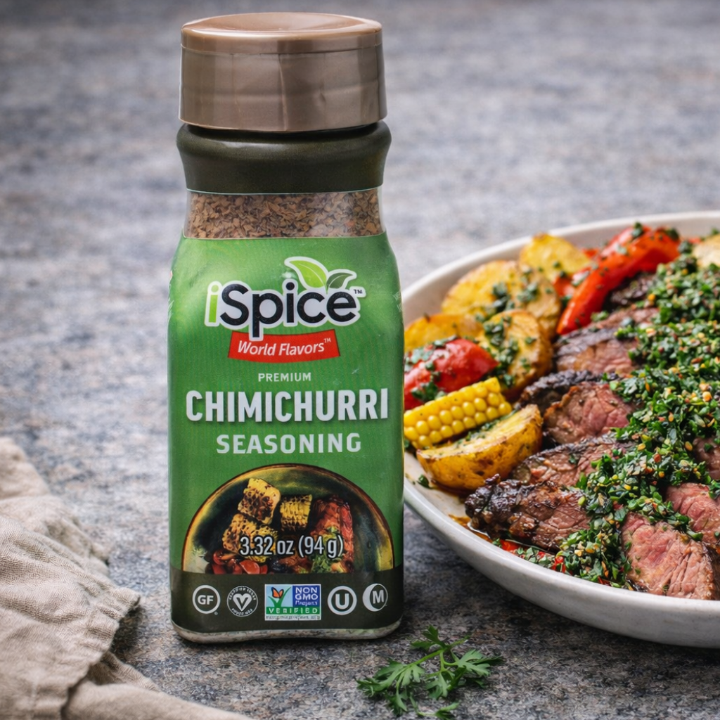 iSpice Chimichurri seasoning bottle with a plate of grilled vegetables and meat on a gray surface.
