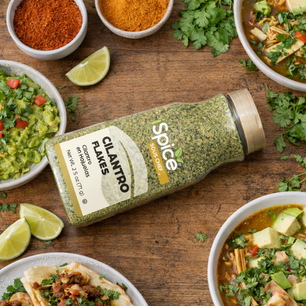 Spice bottle labeled 'Cilantro Flakes' on a wooden table with bowls of food.