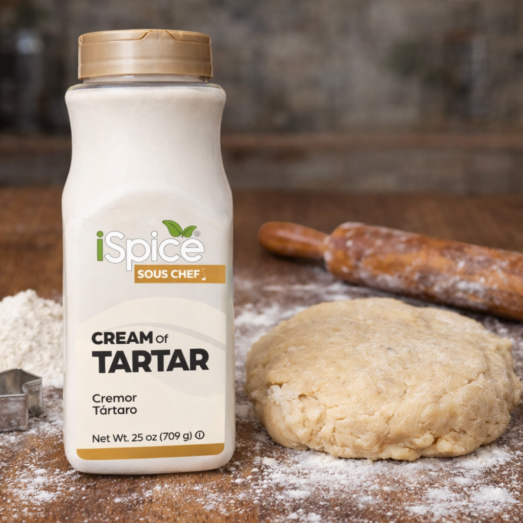 iSpice Cream of Tartar bottle on a wooden surface with dough and rolling pin in the background