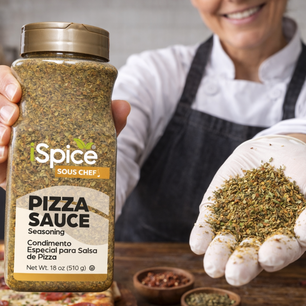 Person holding a jar of iSpice Sous Chef Pizza Sauce seasoning with a blurred background