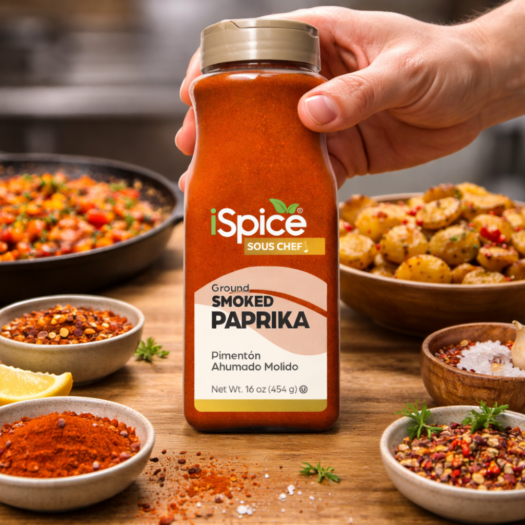 Hand holding a bottle of iSpice Smoked Paprika with a kitchen background
