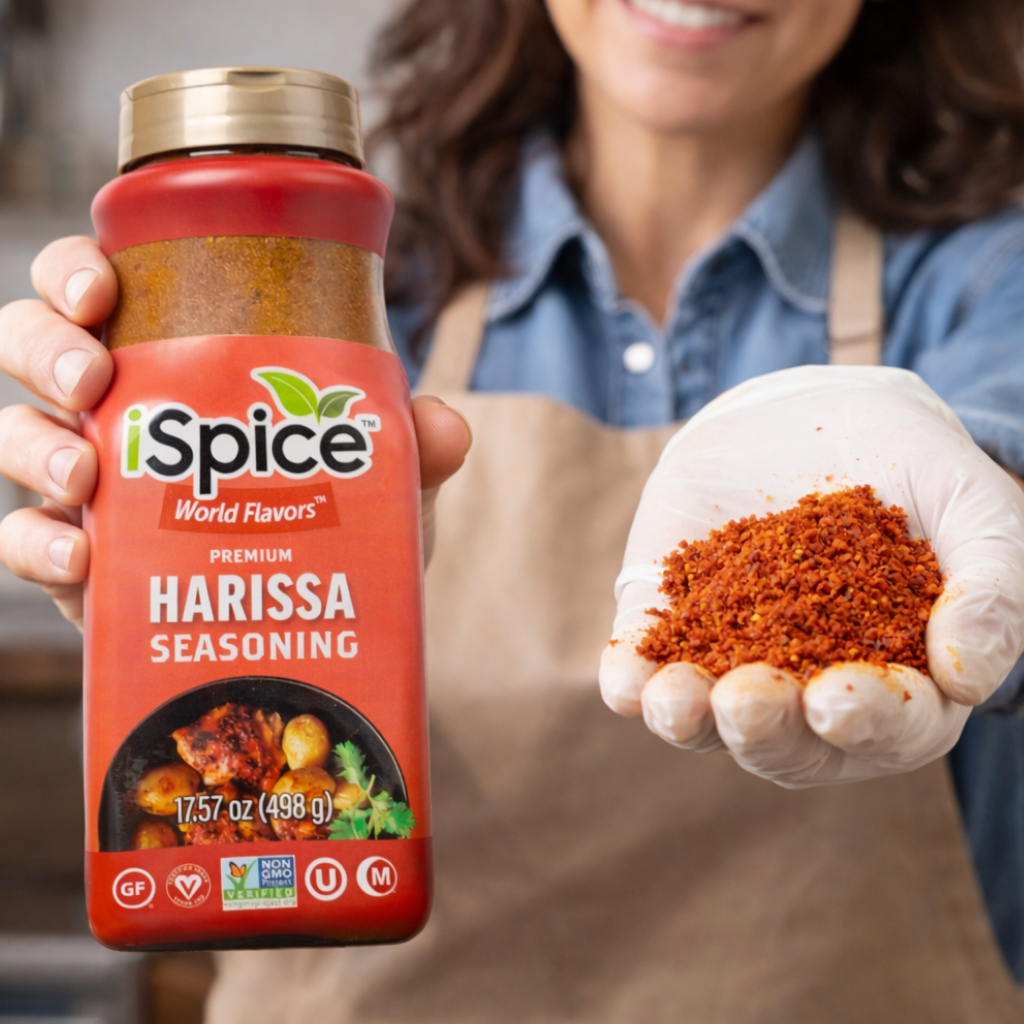 top view of spice bottle with red label and harissa based foods on wooden background