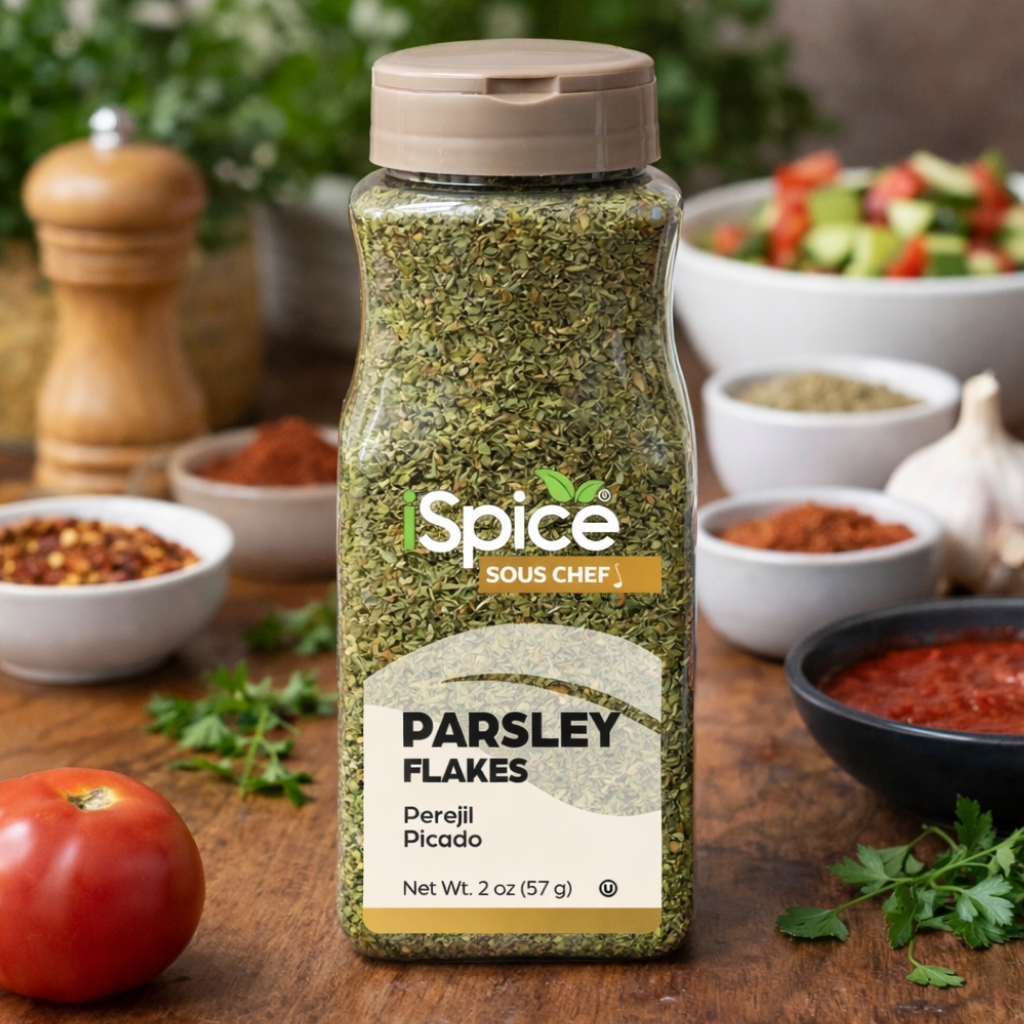 Spice bottle labeled 'Parsley Flakes' on a wooden table with ingredients in the background
