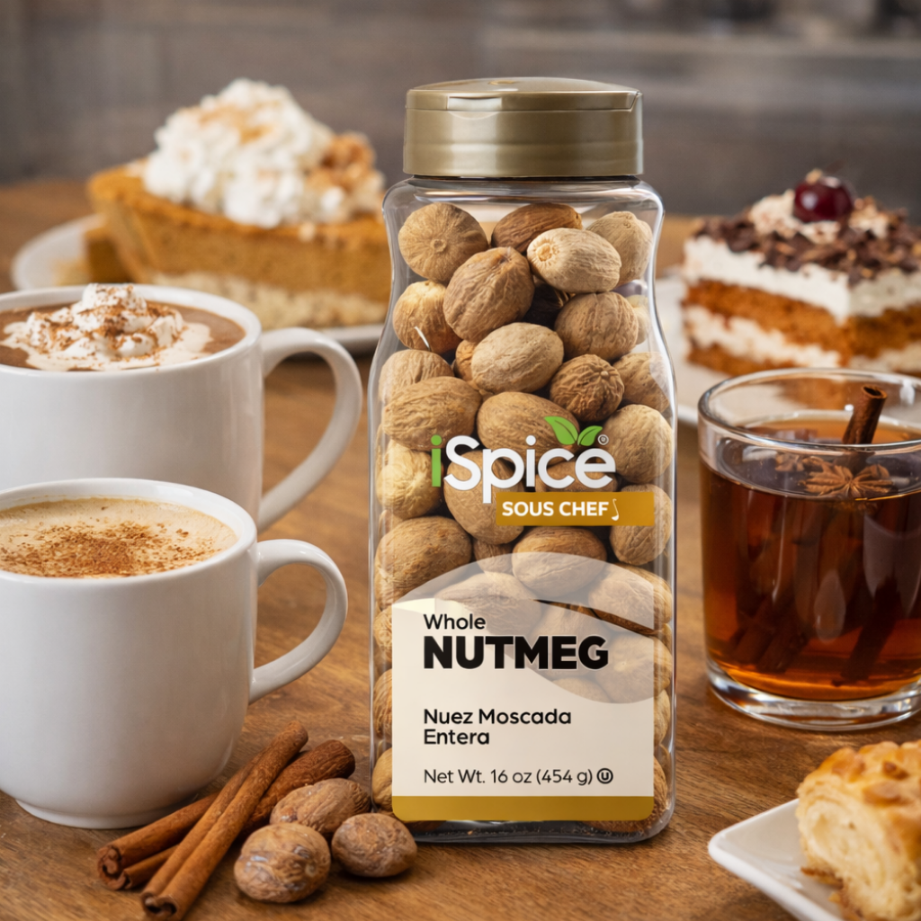 Spice bottle labeled 'Sous Chef' with whole nutmeg on a wooden table with coffee and pastries.