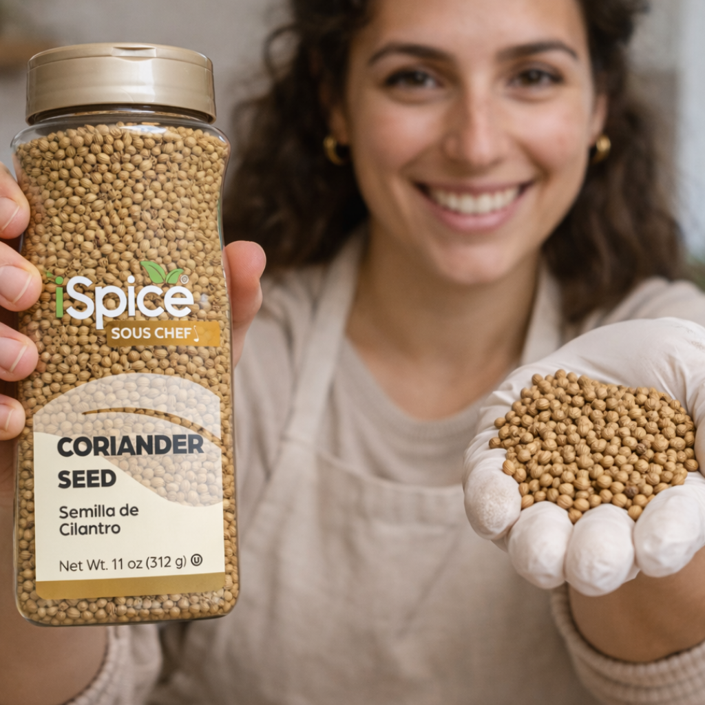 Woman holding a jar of Spice Sous Chef coriander seed and a handful of seeds.