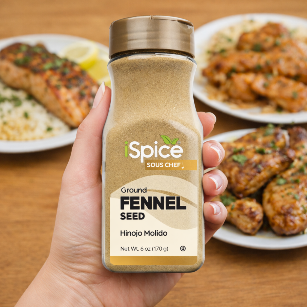 Hand holding a bottle of iSpice Ground Fennel Seed with plates of food in the background