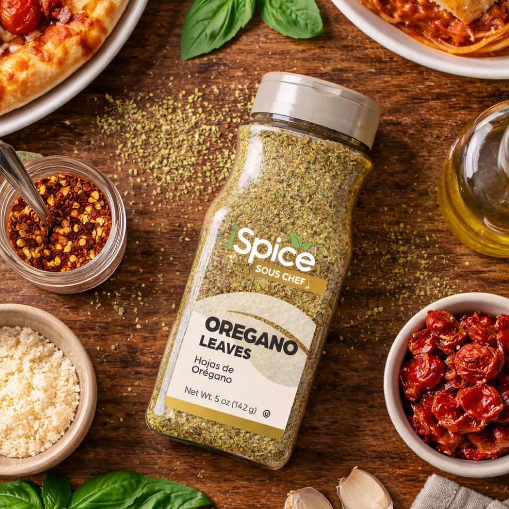 Spice bottle labeled 'Oregano Leaves' on a wooden table with various ingredients.