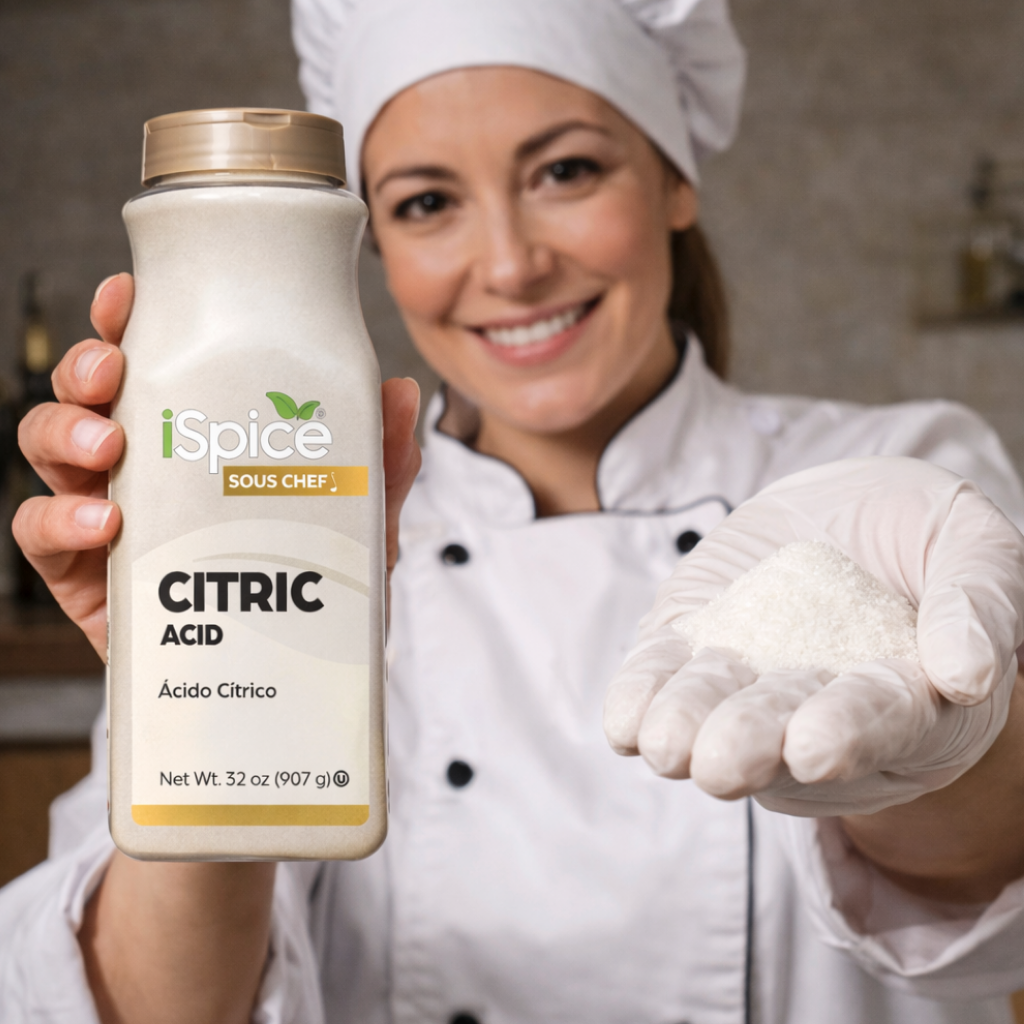 Person in a chef's outfit holding a container of iSpice Citric Acid