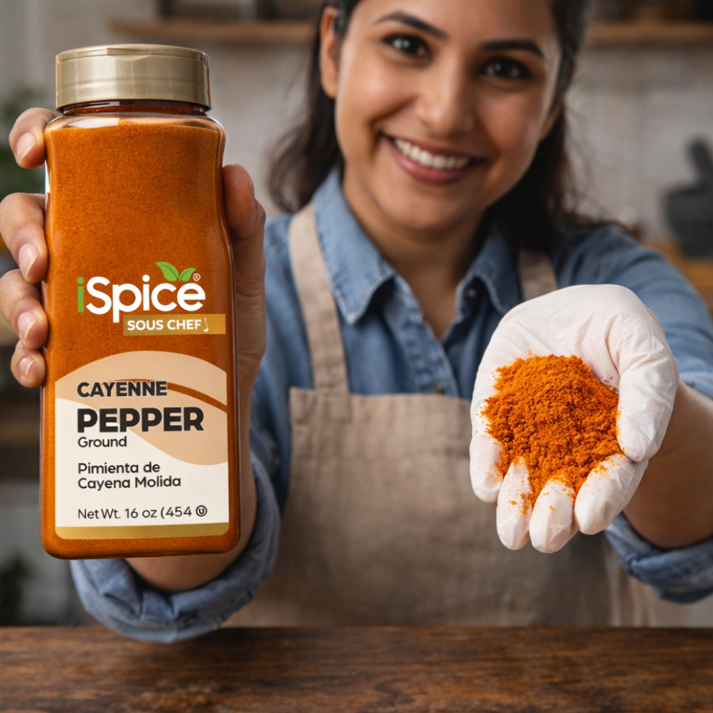 Woman holding a jar of Spice Sous Chef cayenne pepper and showing some in her hand.