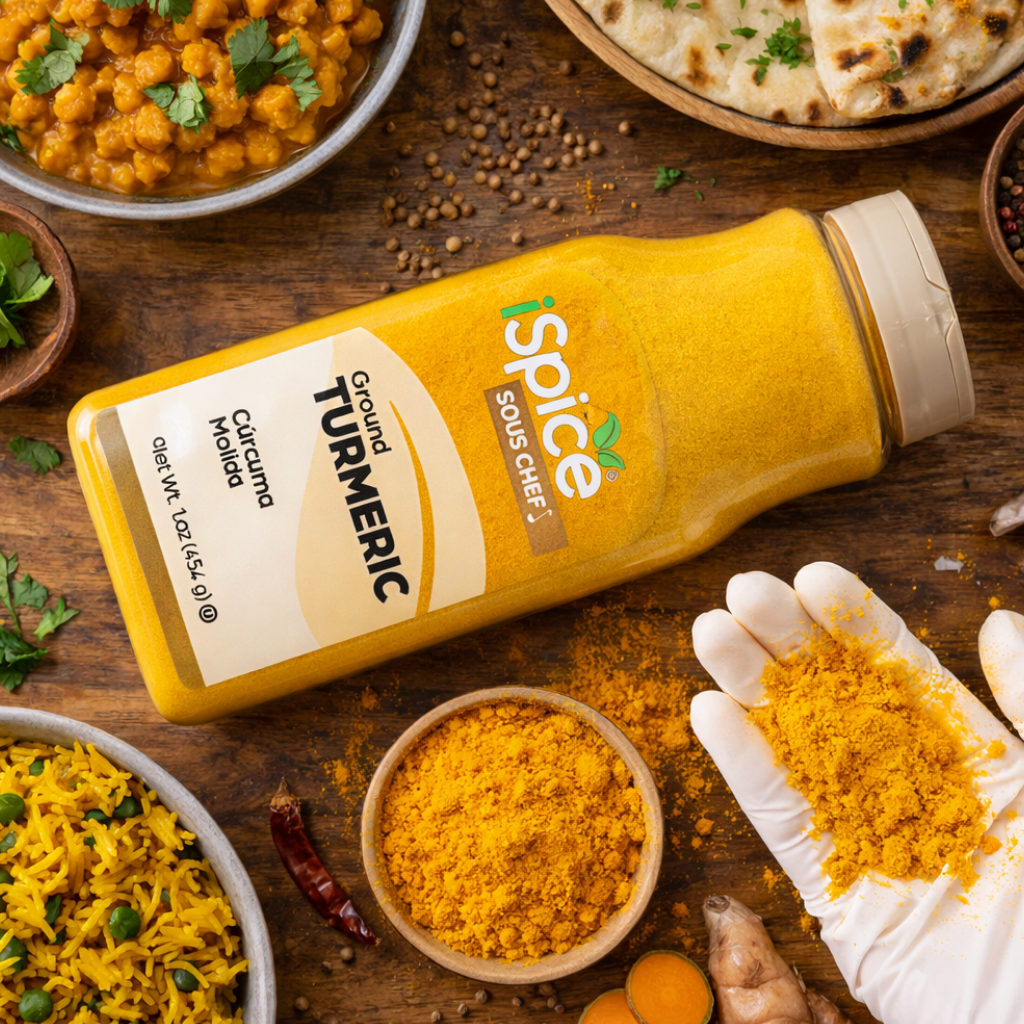 Spice bottle labeled 'iSpice' with ground turmeric on a wooden surface with food items.