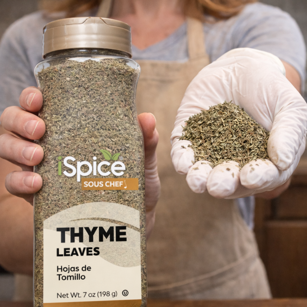 Person holding a jar of 'Sous Chef' thyme leaves with a glove full of thyme leaves.