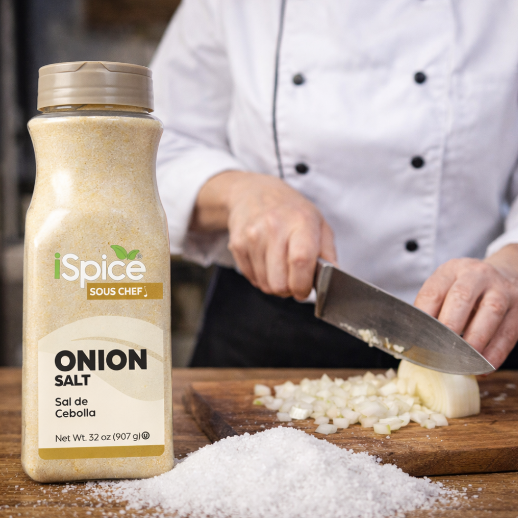 iSpice Onion Salt bottle with a chef chopping onions in the background