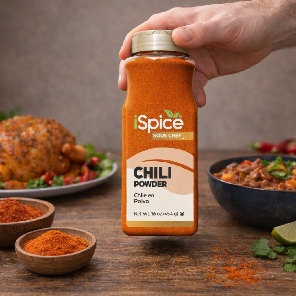 Flat lay food scene with chili powder jar, chili peppers, herbs, and prepared meal on wooden surface