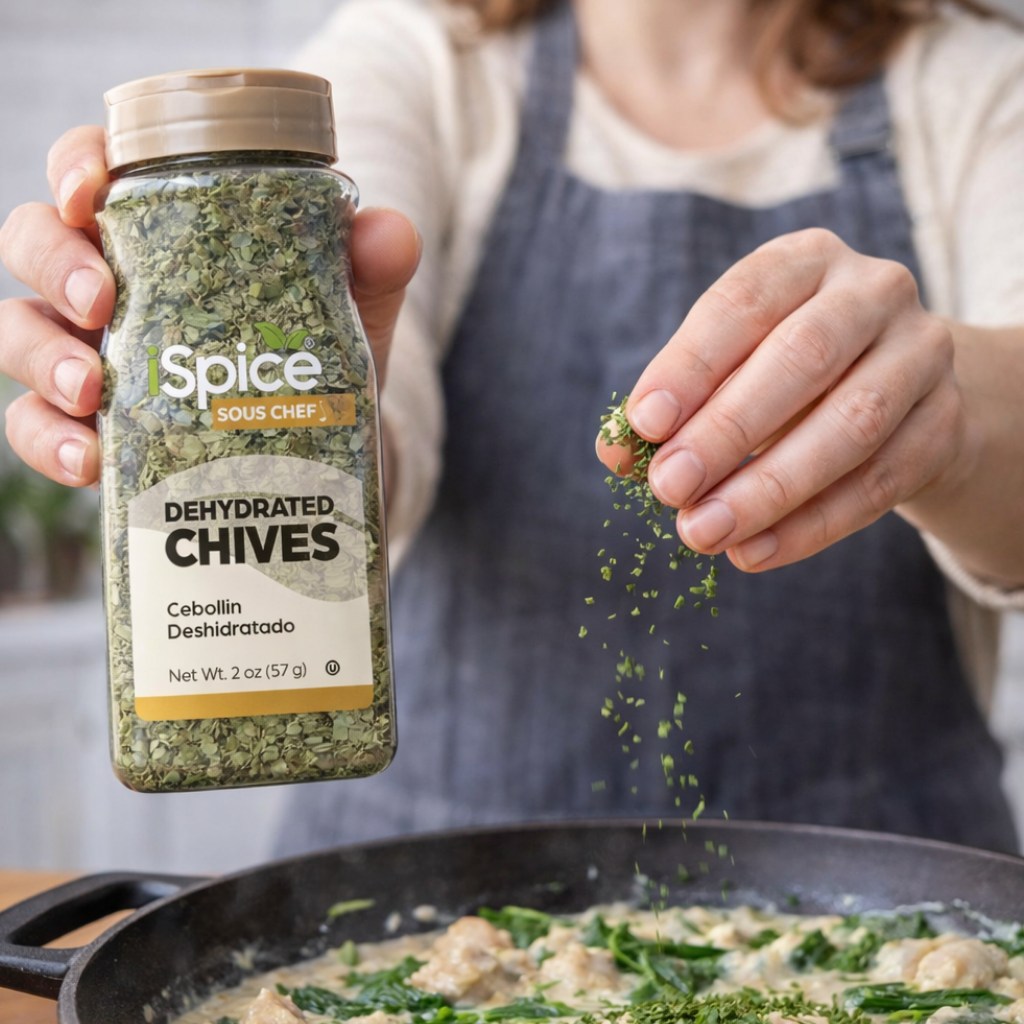 Person sprinkling dehydrated chives from a Spice Sous Chef container into a pan.