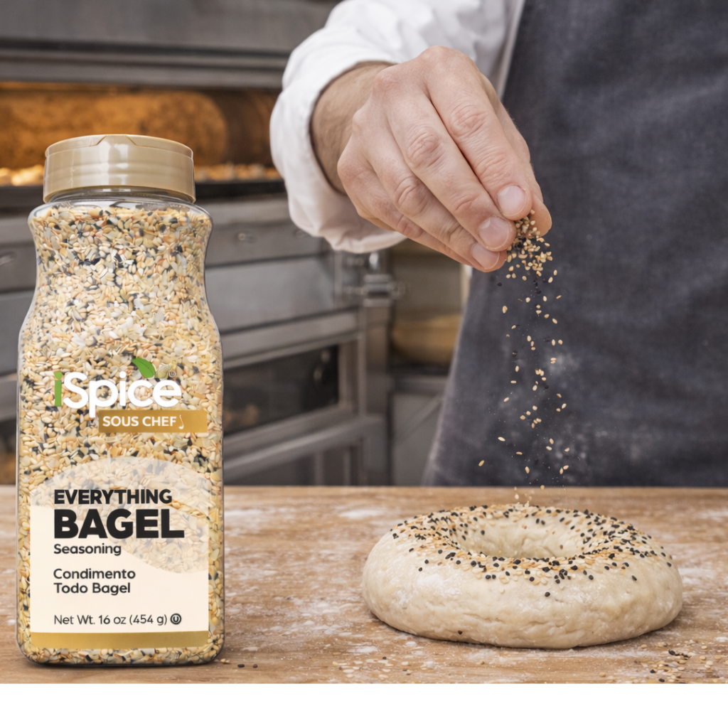 Spice Sous Chef Everything Bagel seasoning bottle with a person sprinkling seasoning on a bagel.