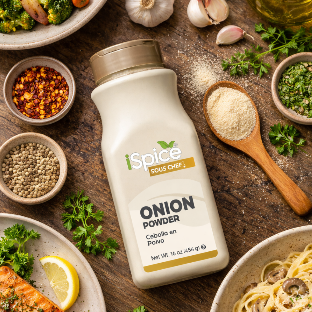 iSpice Sous Chef onion powder bottle on a wooden surface with ingredients around
