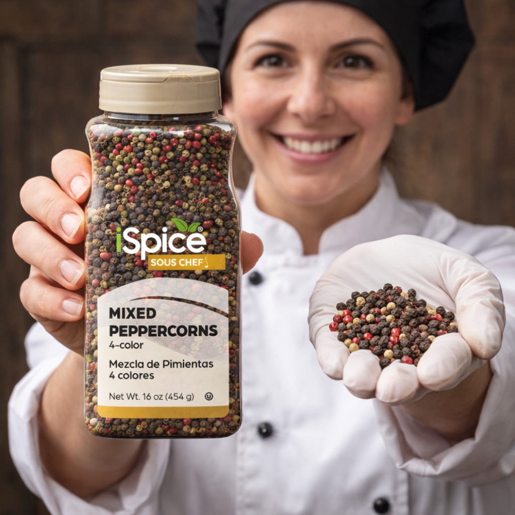 Person holding a jar of 'iSpice' mixed peppercorns with a wooden background