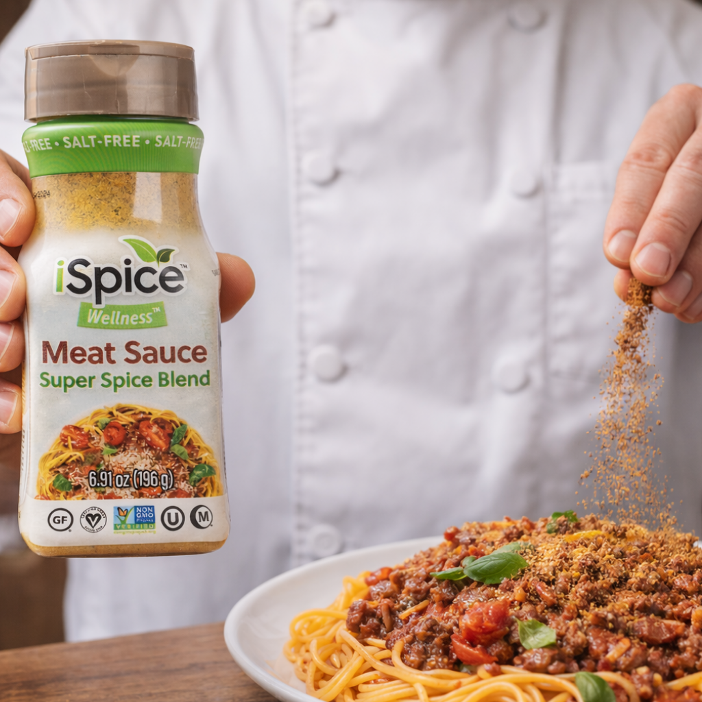 Person sprinkling spice blend over spaghetti with a bottle of 'iSpice Wellness' Meat Sauce Super Spice Blend.
