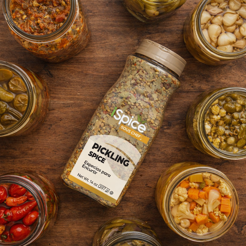 Spice bottle labeled 'Pickling Spice' surrounded by jars of pickled vegetables on a wooden surface