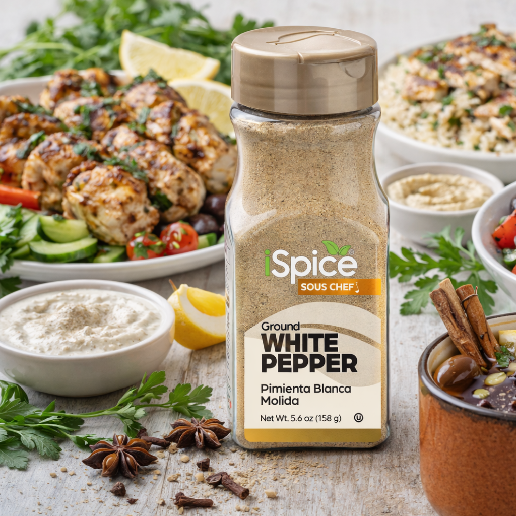 iSpice Ground White Pepper bottle with a background of food dishes.